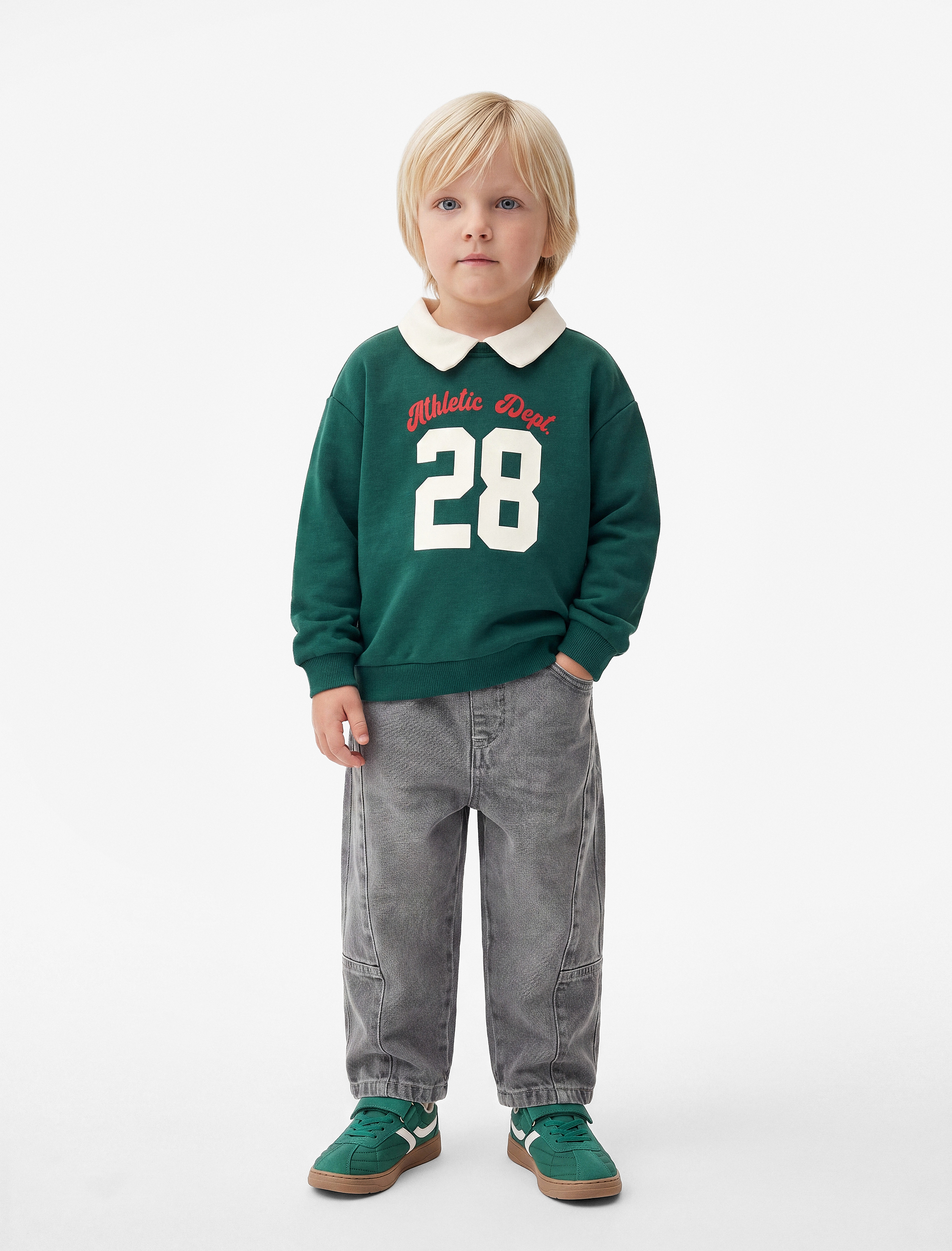  Erkek Bebek Uzun Kollu Baskılı Pamuklu Oversize Polo Yaka Sweatshirt