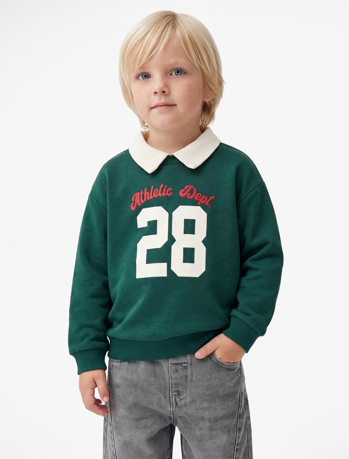 Erkek Bebek Uzun Kollu Baskılı Pamuklu Oversize Polo Yaka Sweatshirt