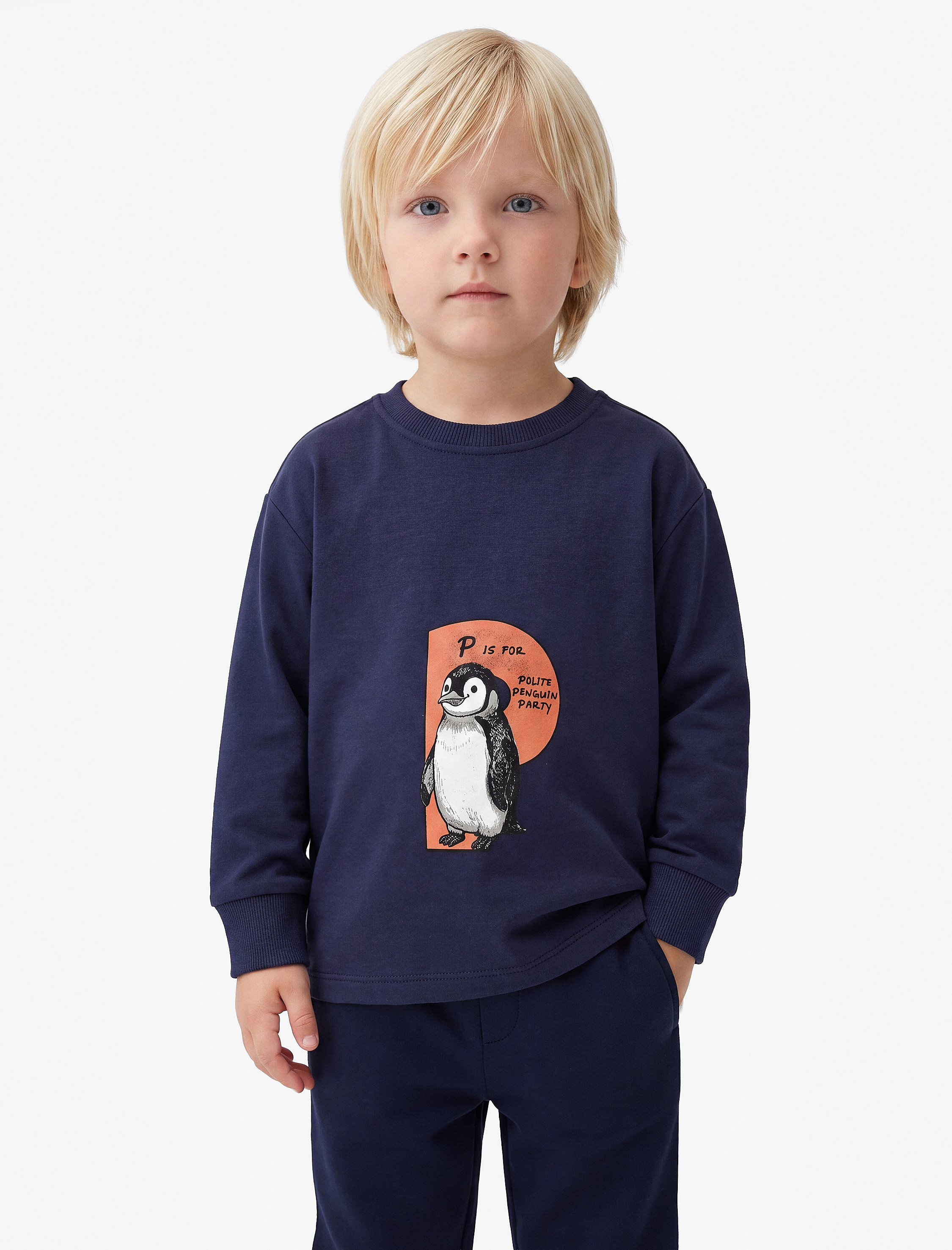  Erkek Bebek Penguen Baskılı Pamuklu Bisiklet Yaka Uzun Kollu Oversize Tişört
