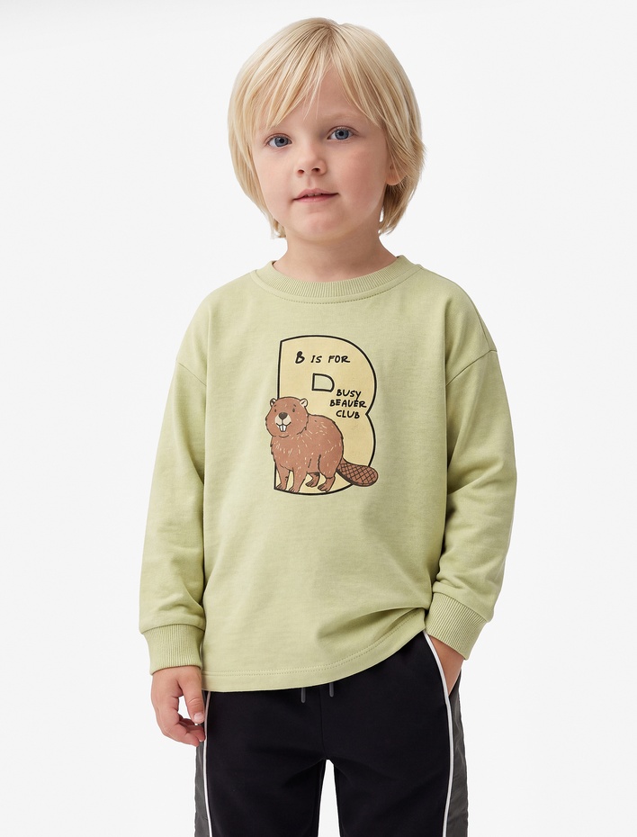 Erkek Bebek Pamuklu Baskılı Oversize Bisiklet Yaka Uzun Kollu Tişört