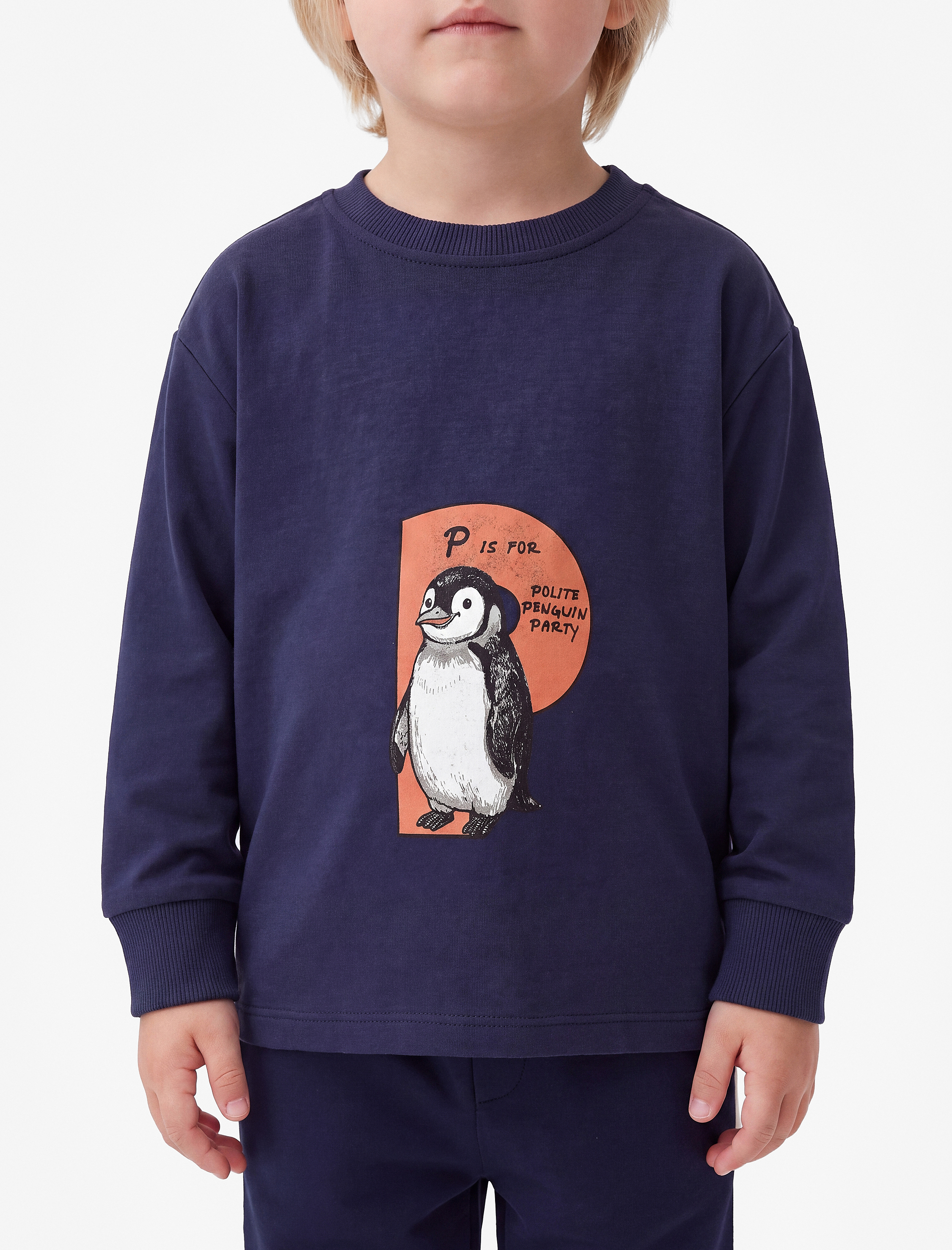  Erkek Bebek Penguen Baskılı Pamuklu Bisiklet Yaka Uzun Kollu Oversize Tişört
