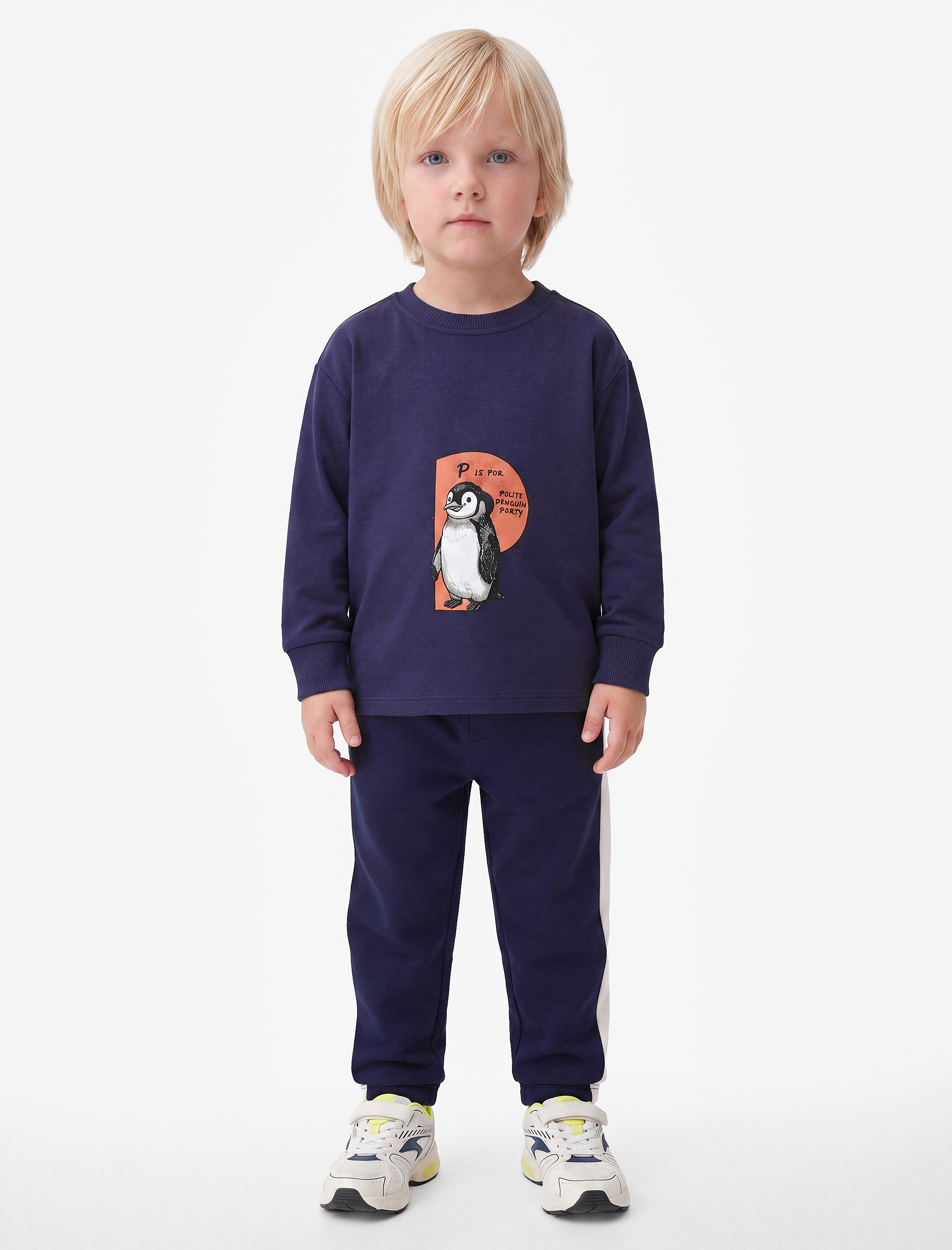  Erkek Bebek Penguen Baskılı Pamuklu Bisiklet Yaka Uzun Kollu Oversize Tişört