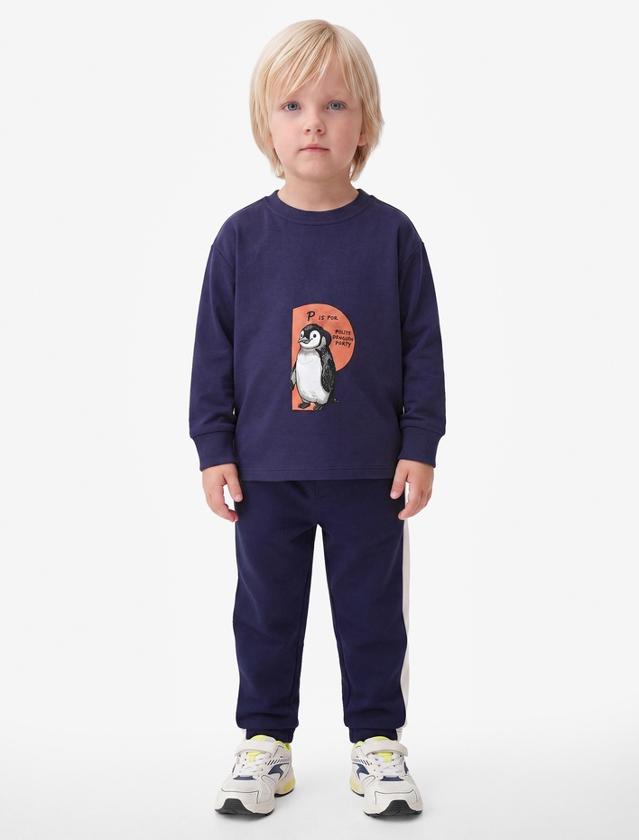 Erkek Bebek Penguen Baskılı Pamuklu Bisiklet Yaka Uzun Kollu Oversize Tişört