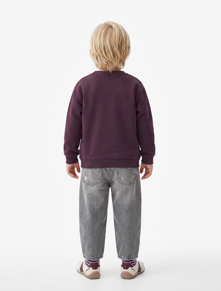 Erkek Bebek Bisiklet Yaka Uzun Kollu Baskı Detaylı Şardonlu Sweatshirt
