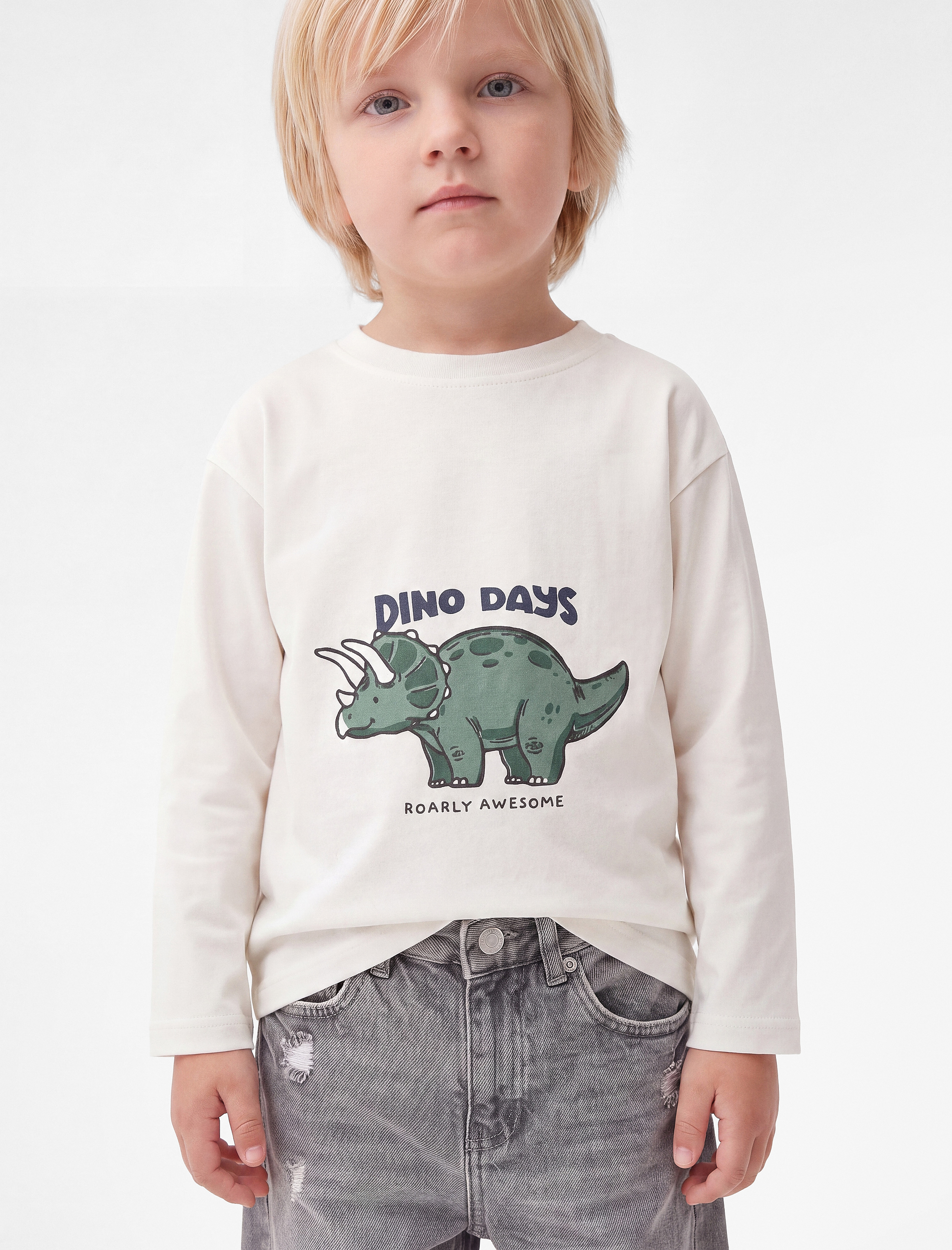 Erkek Bebek Dinozor Baskılı Pamuklu Bisiklet Yaka Uzun Kollu Tişört