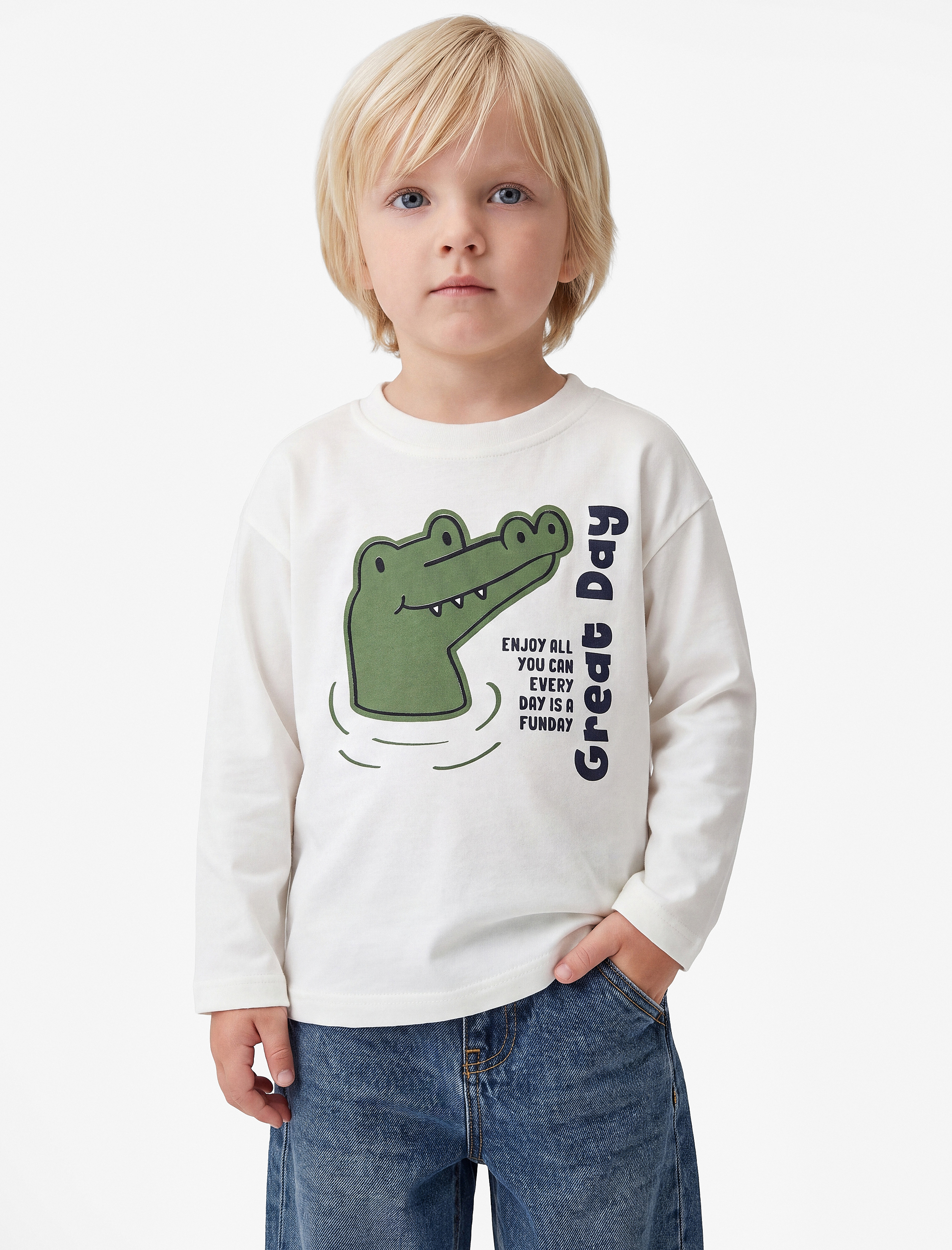  Erkek Bebek Timsah Baskılı Pamuklu Bisiklet Yaka Uzun Kollu Tişört