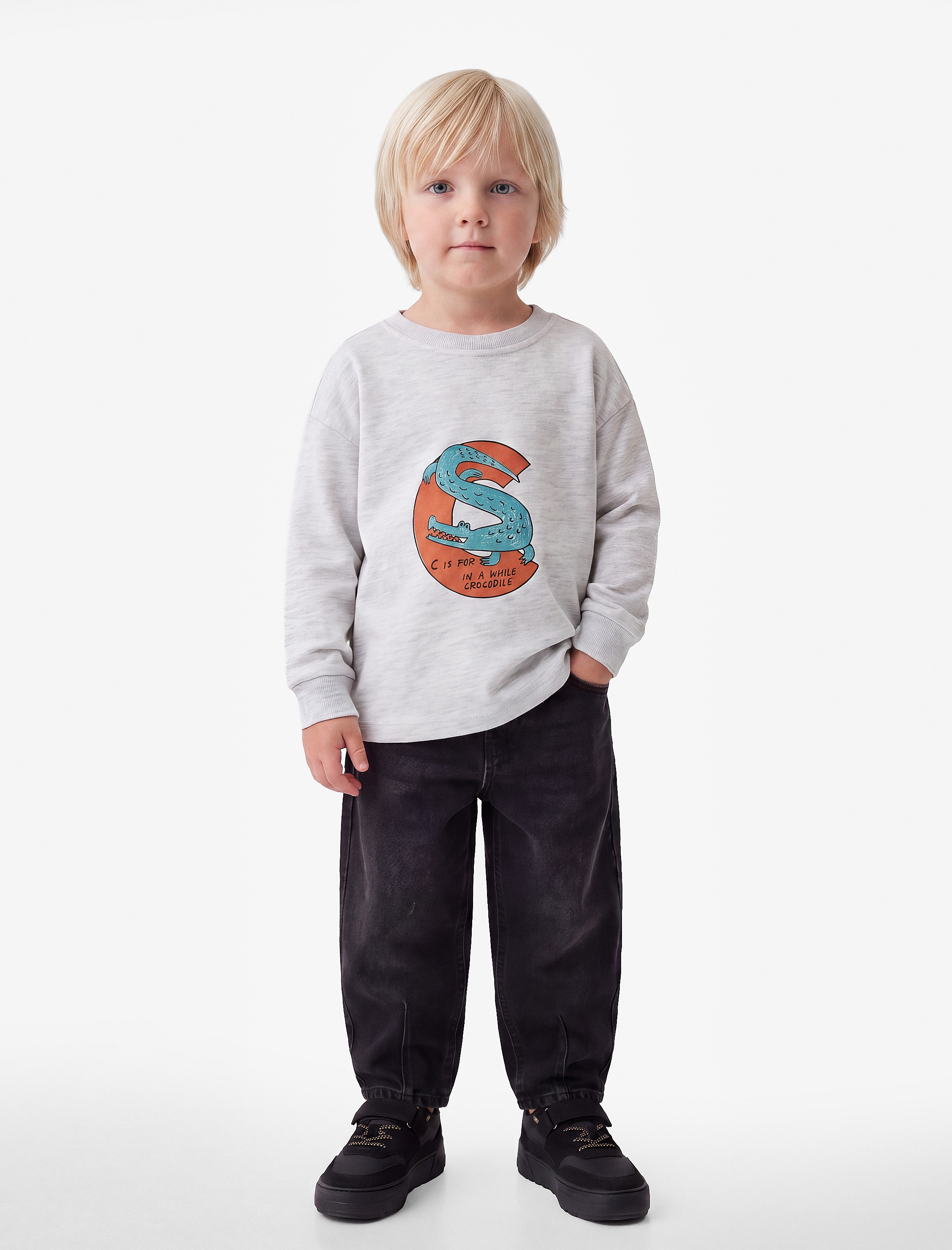  Erkek Bebek Timsah Baskılı Bisiklet Yaka Uzun Kollu Oversize Tişört