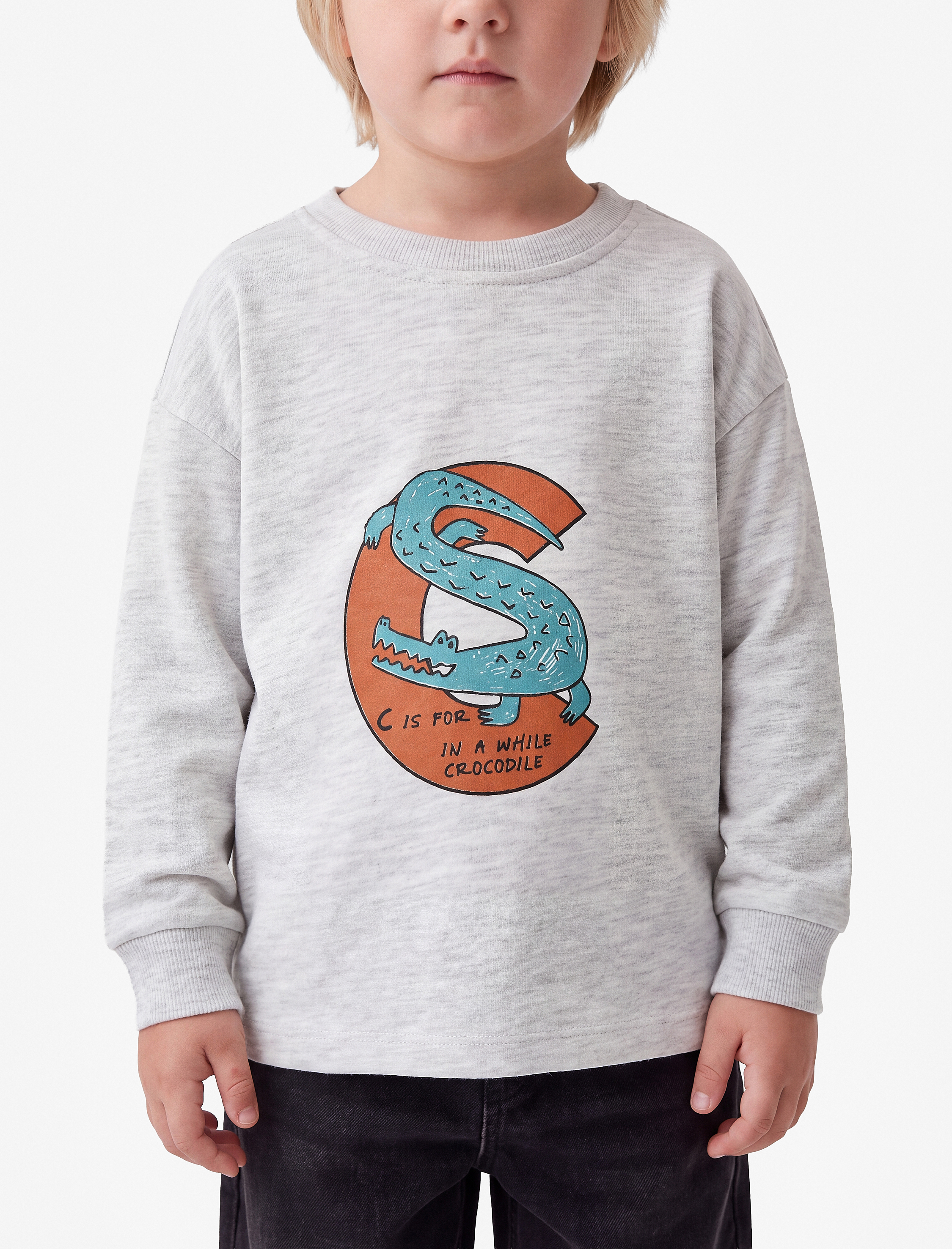  Erkek Bebek Timsah Baskılı Bisiklet Yaka Uzun Kollu Oversize Tişört