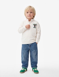 Ayıcık Detaylı Yarım Fermuarlı Uzun Kollu Dik Yaka Oversize Sweatshirt