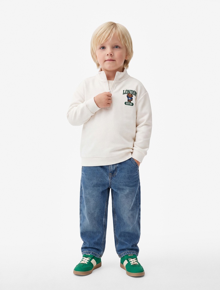 Erkek Bebek Ayıcık Detaylı Yarım Fermuarlı Uzun Kollu Dik Yaka Oversize Sweatshirt