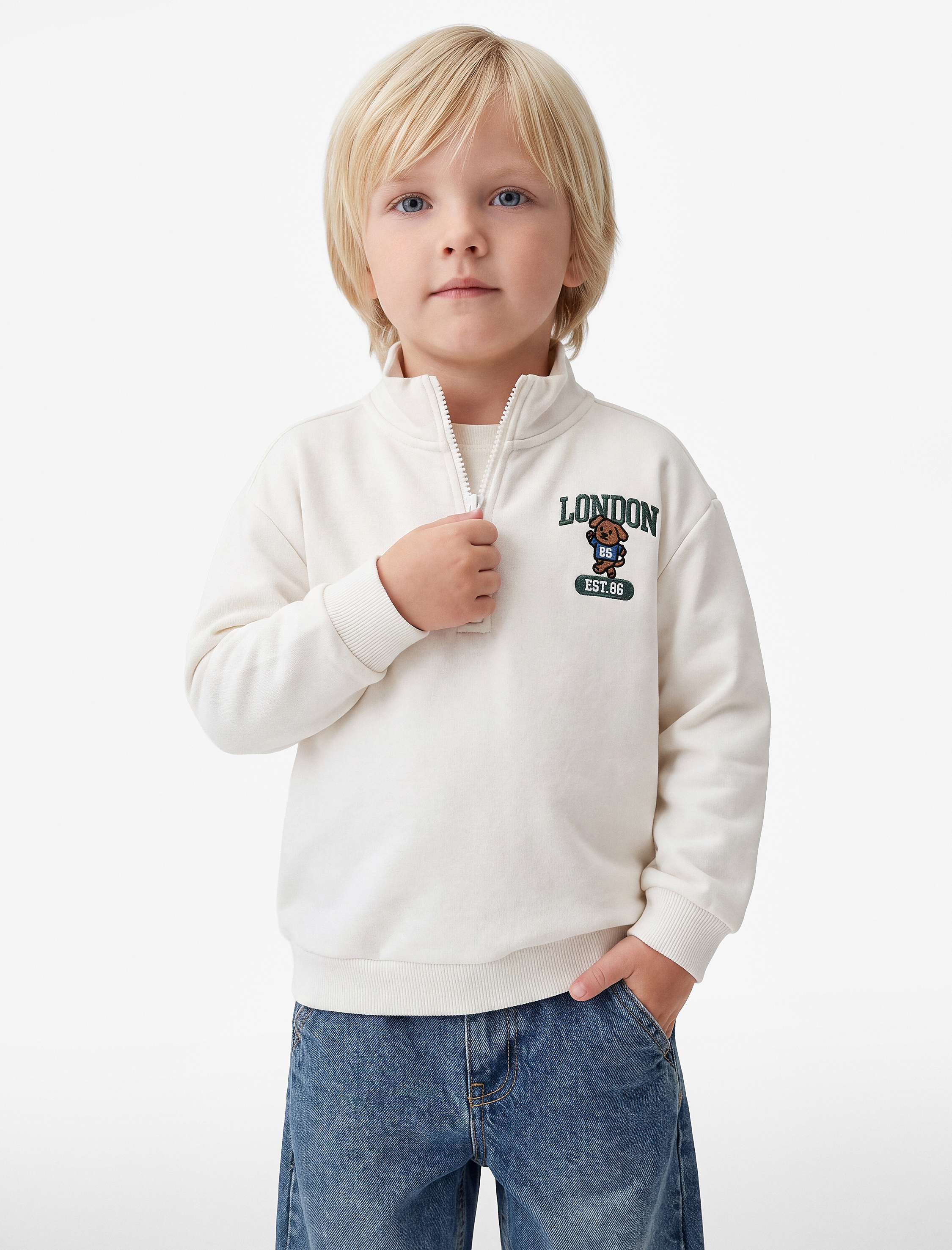  Erkek Bebek Ayıcık Detaylı Yarım Fermuarlı Uzun Kollu Dik Yaka Oversize Sweatshirt