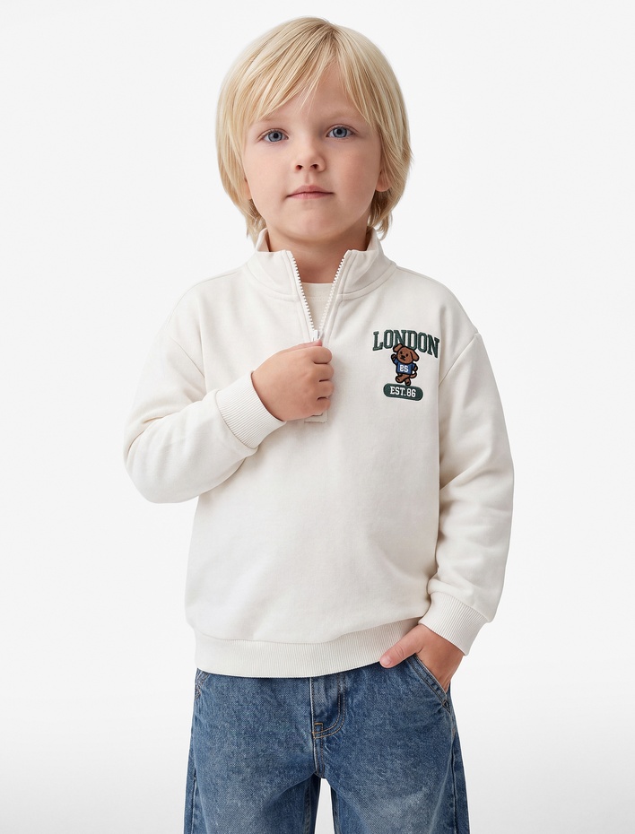 Erkek Bebek Ayıcık Detaylı Yarım Fermuarlı Uzun Kollu Dik Yaka Oversize Sweatshirt