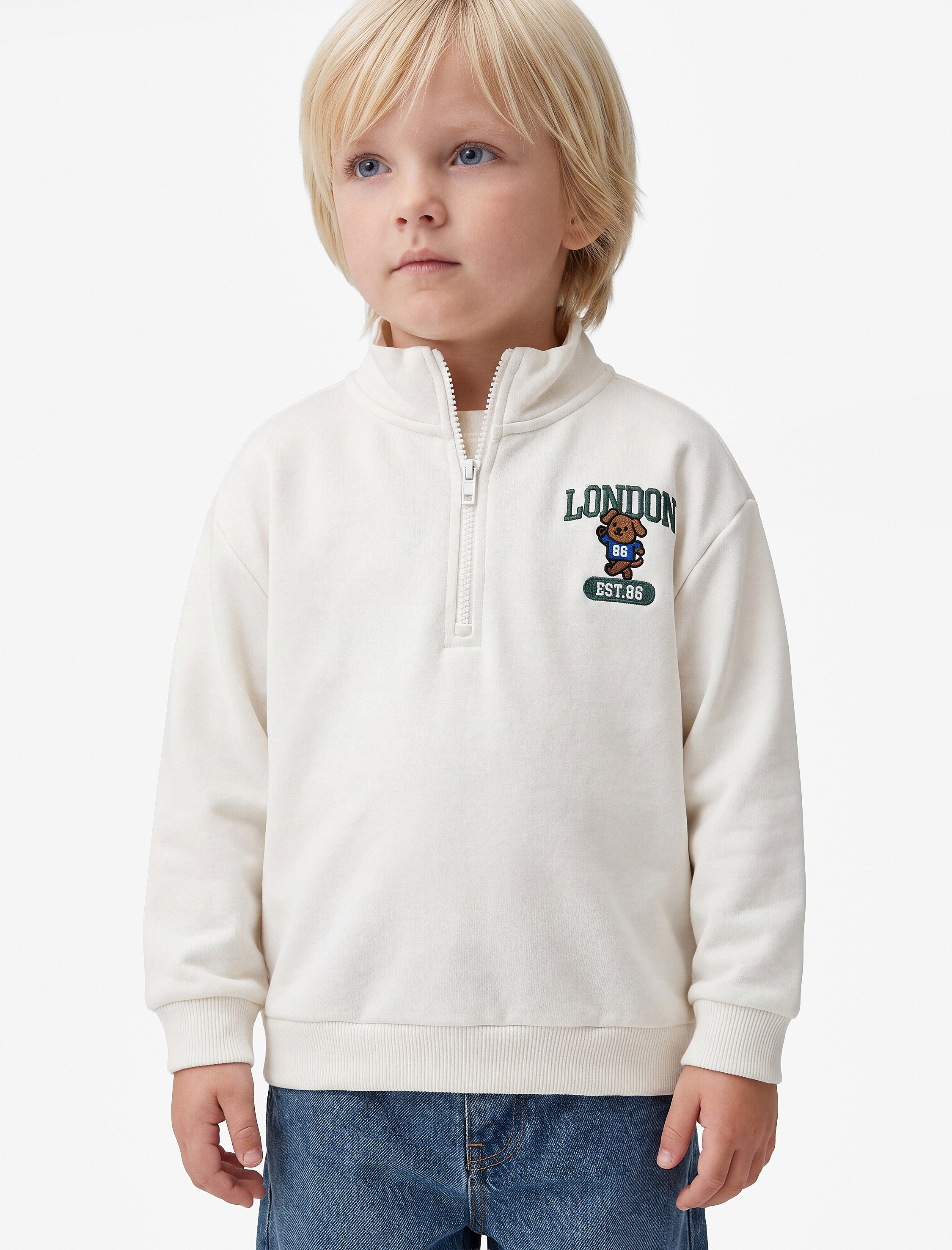  Erkek Bebek Ayıcık Detaylı Yarım Fermuarlı Uzun Kollu Dik Yaka Oversize Sweatshirt