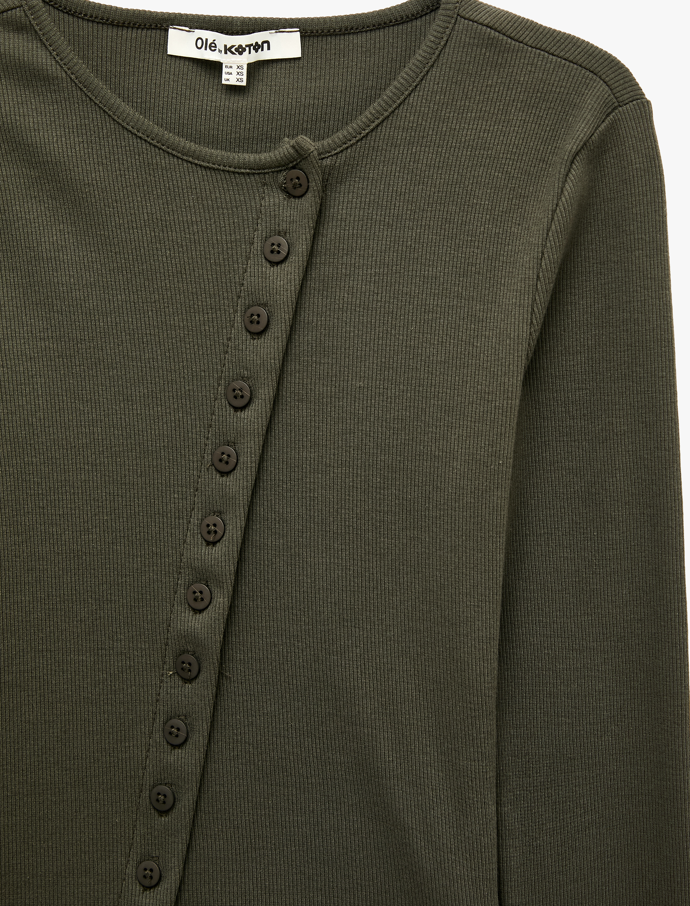   Slim Fit Pamuklu Bisiklet Yaka Asimetrik Düğmeli Uzun Kollu Tişört