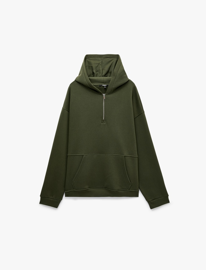  Kanguru Cepli Oversize Kapşonlu Yarım Fermuarlı Sweatshirt