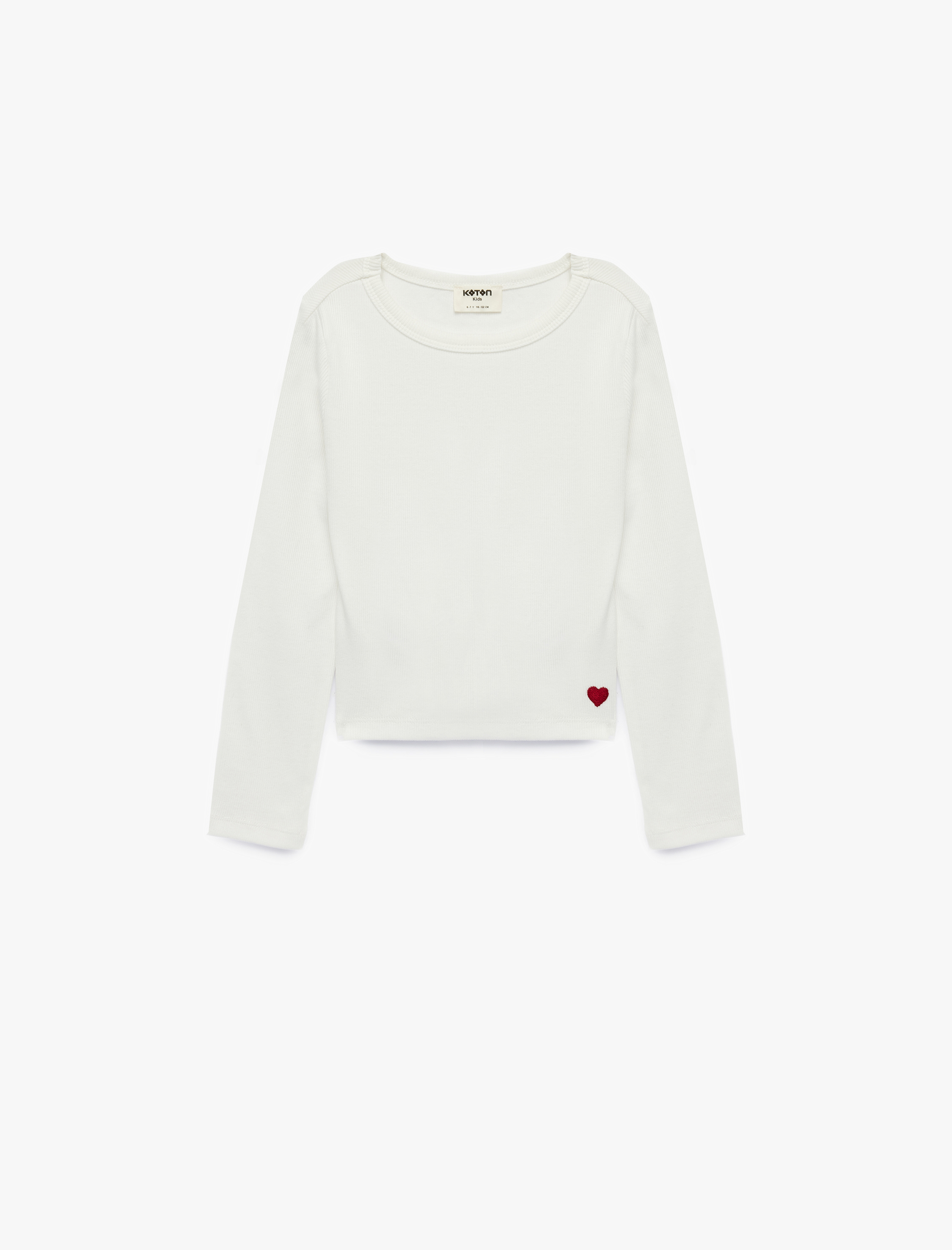  Kız Çocuk Kalp Nakış Detaylı Slim Fit Pamuklu Kaşkorse Bisiklet Yaka Uzun Kollu Tişört