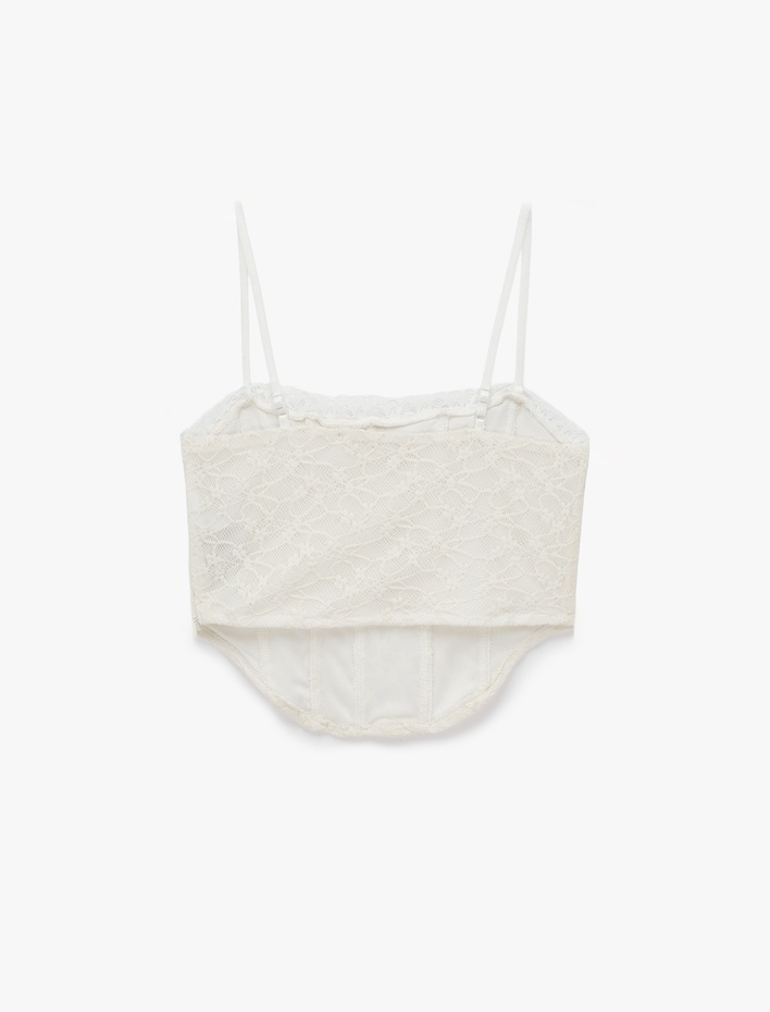  Slim Fit İp Askılı Crop Dantel Korse Bluz