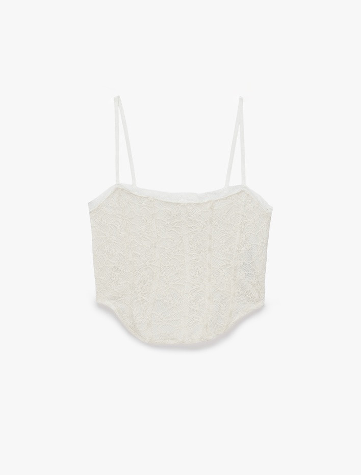 Slim Fit İp Askılı Crop Dantel Korse Bluz