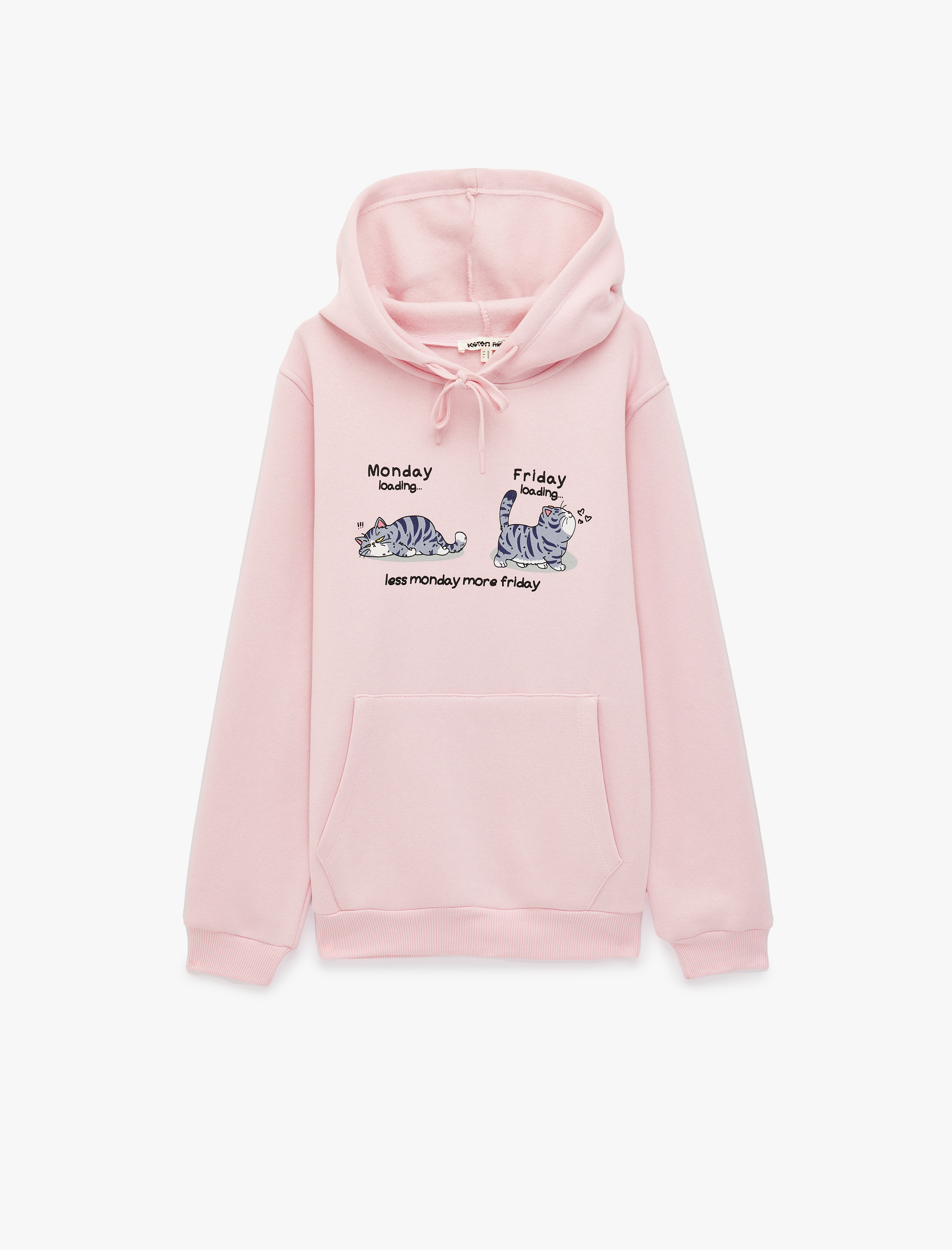   Üç İplik Şardonlu Kanguru Cepli Kapüşonlu Kedi Baskılı Sweatshirt