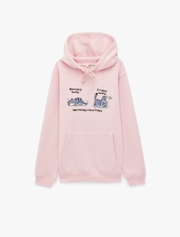 Üç İplik Şardonlu Kanguru Cepli Kapüşonlu Kedi Baskılı Sweatshirt