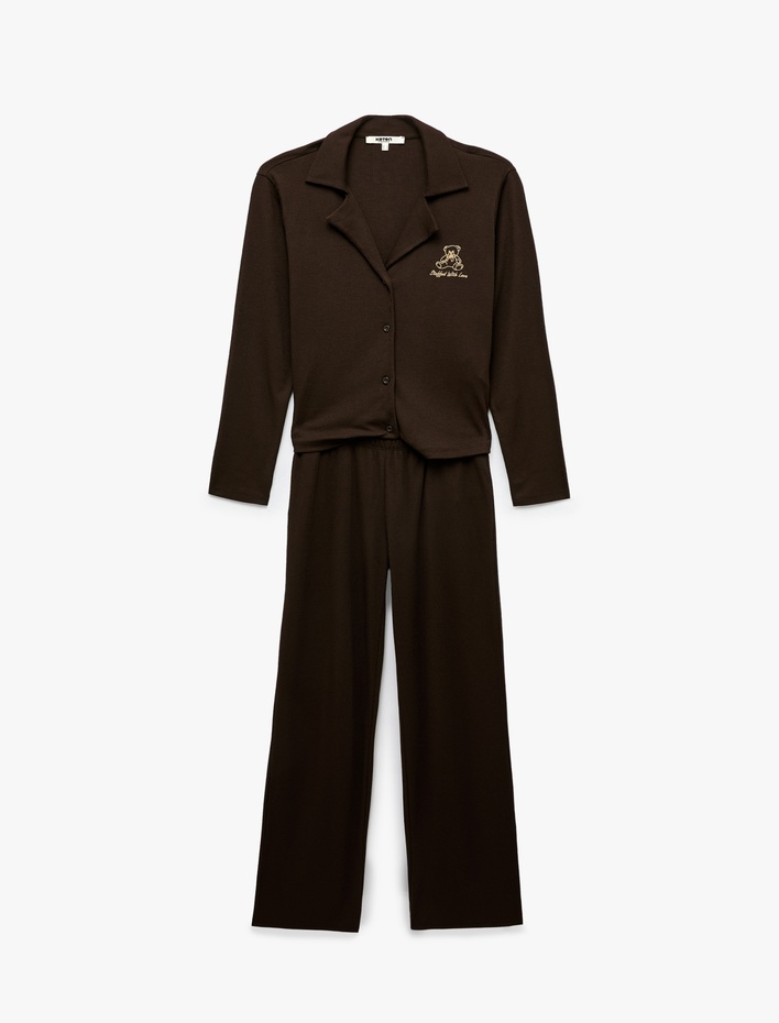  Viskon Karışımlı Rahat Kalıp Kaşkorse Gömlek Yaka Pijama Takımı
