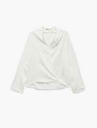 V Yaka Uzun Kollu Oversize Saten Kruvaze Yaka Bluz