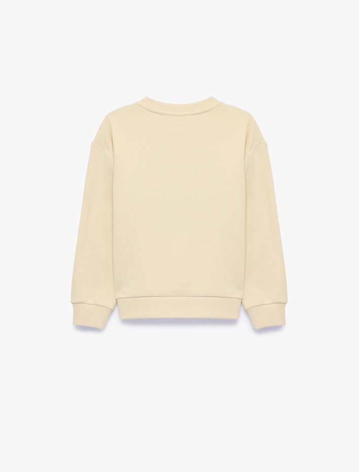 Kız Çocuk Kedi Baskılı Uzun Kollu Bisiklet Yaka Şardonlu Sweatshirt