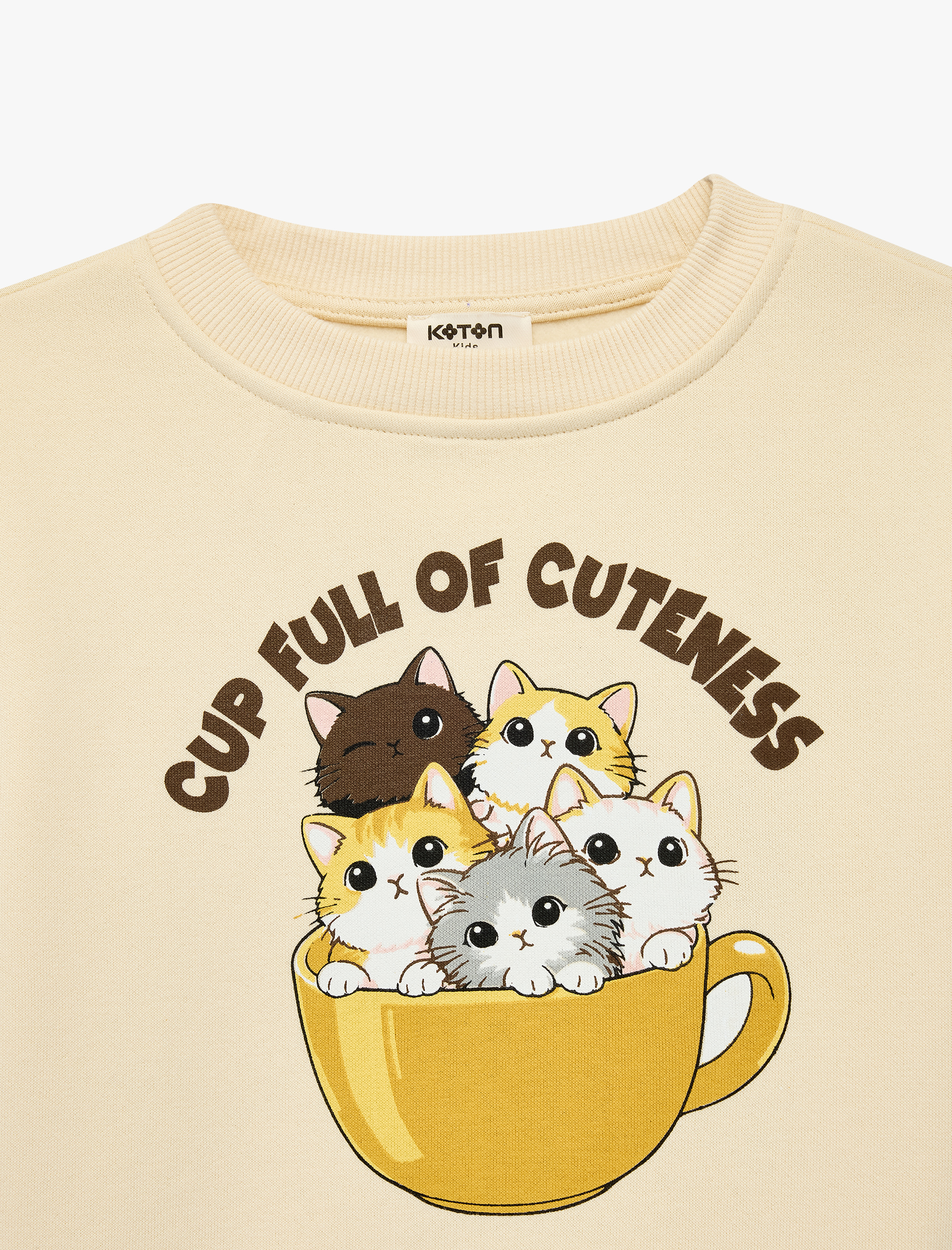  Kız Çocuk Kedi Baskılı Uzun Kollu Bisiklet Yaka Şardonlu Sweatshirt