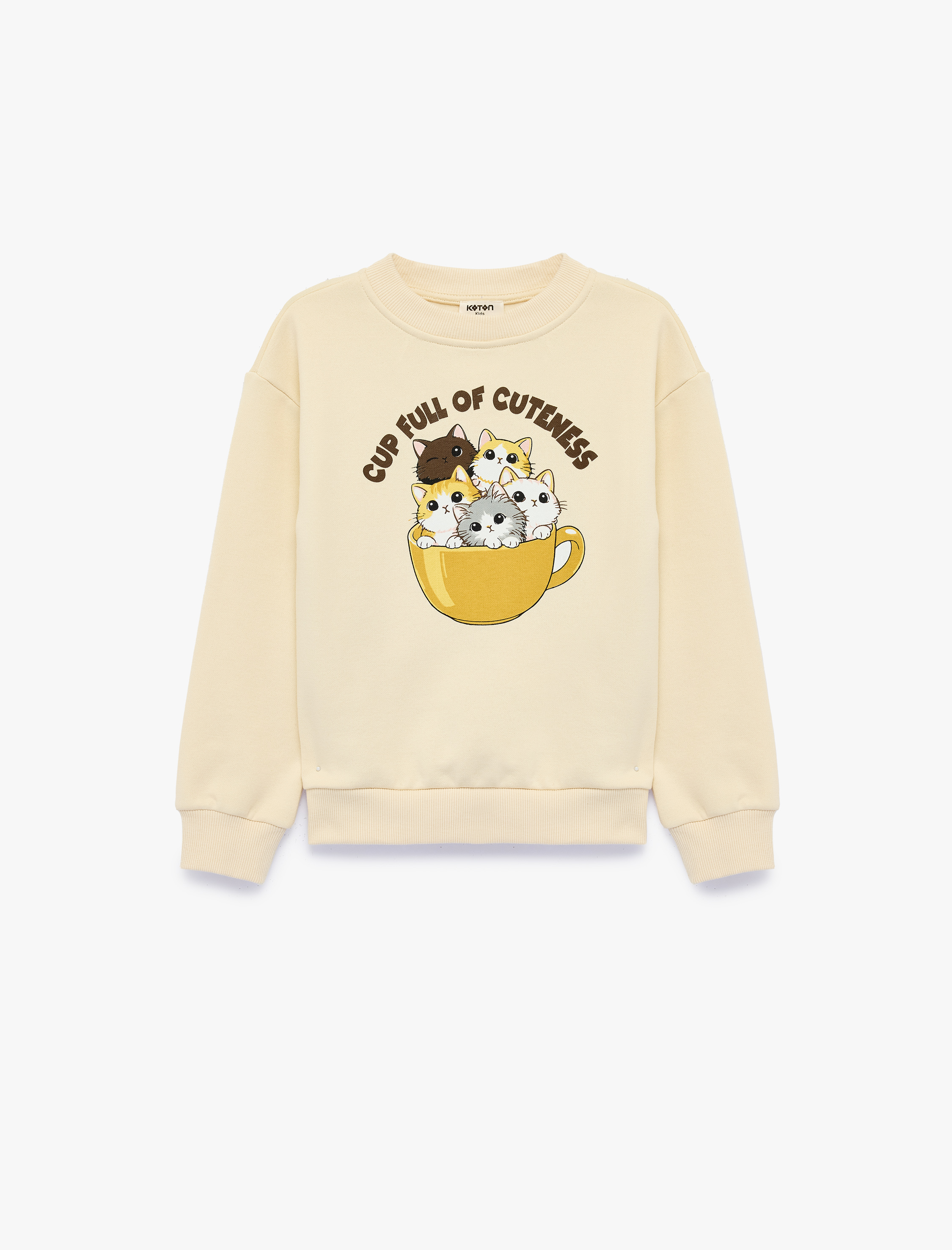  Kız Çocuk Kedi Baskılı Uzun Kollu Bisiklet Yaka Şardonlu Sweatshirt