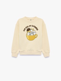 Kedi Baskılı Uzun Kollu Bisiklet Yaka Şardonlu Sweatshirt