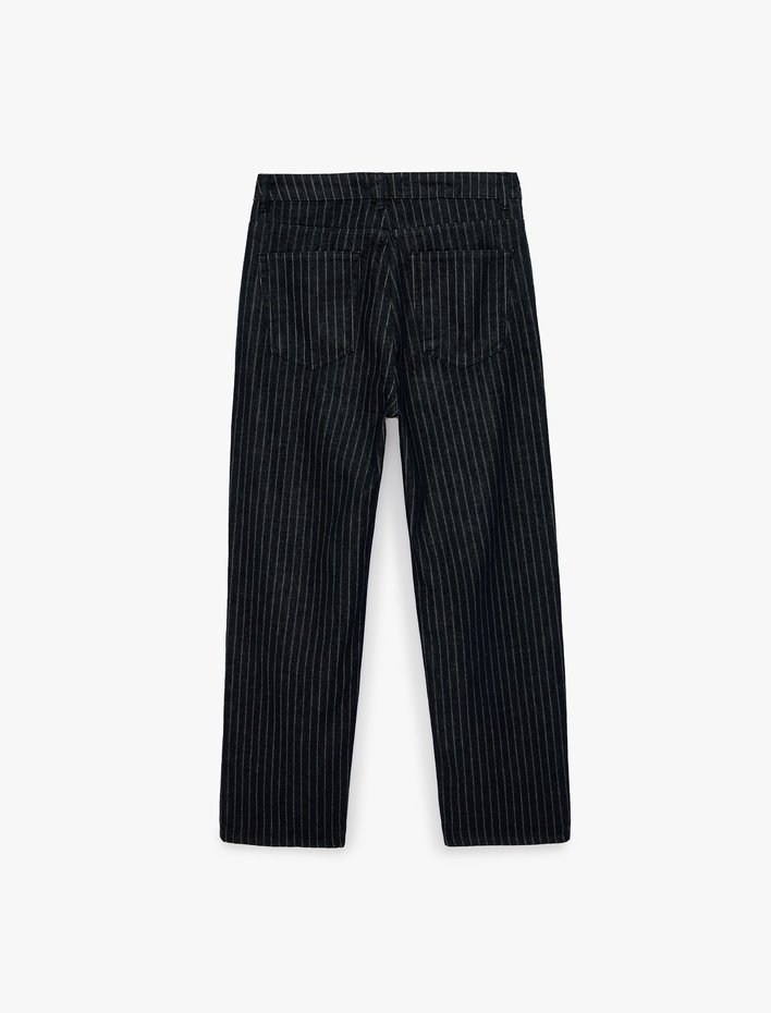  Pamuklu Rahat Kesim Cepli Çizgili Baggy Jean Pantolon