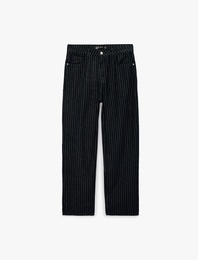 Pamuklu Rahat Kesim Cepli Çizgili Baggy Jean Pantolon