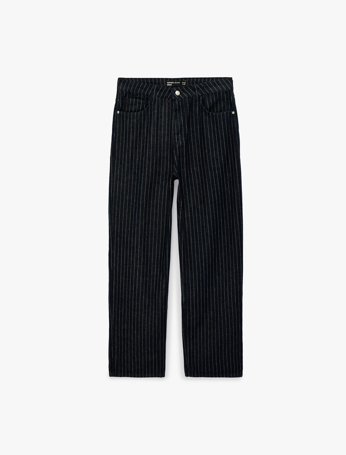  Pamuklu Rahat Kesim Cepli Çizgili Baggy Jean Pantolon