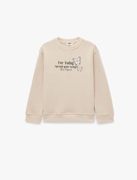 Şardonlu Uzun Kollu Bisiklet Yaka Baskılı Sweatshirt