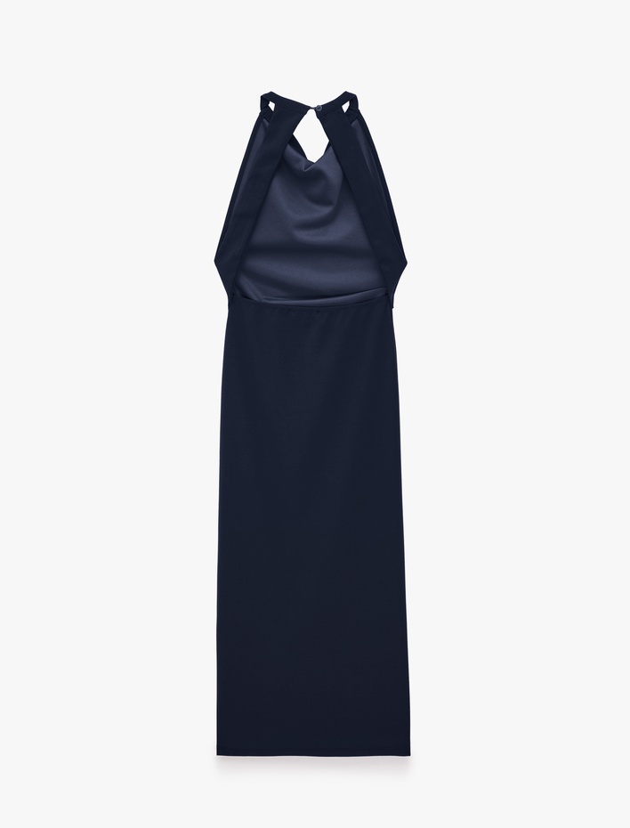  Slim Fit Krep Scuba Halter Yaka Kolsuz Sırtı Açık Bodycon Uzun Elbise