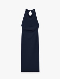 Slim Fit Krep Scuba Halter Yaka Kolsuz Sırtı Açık Bodycon Uzun Elbise