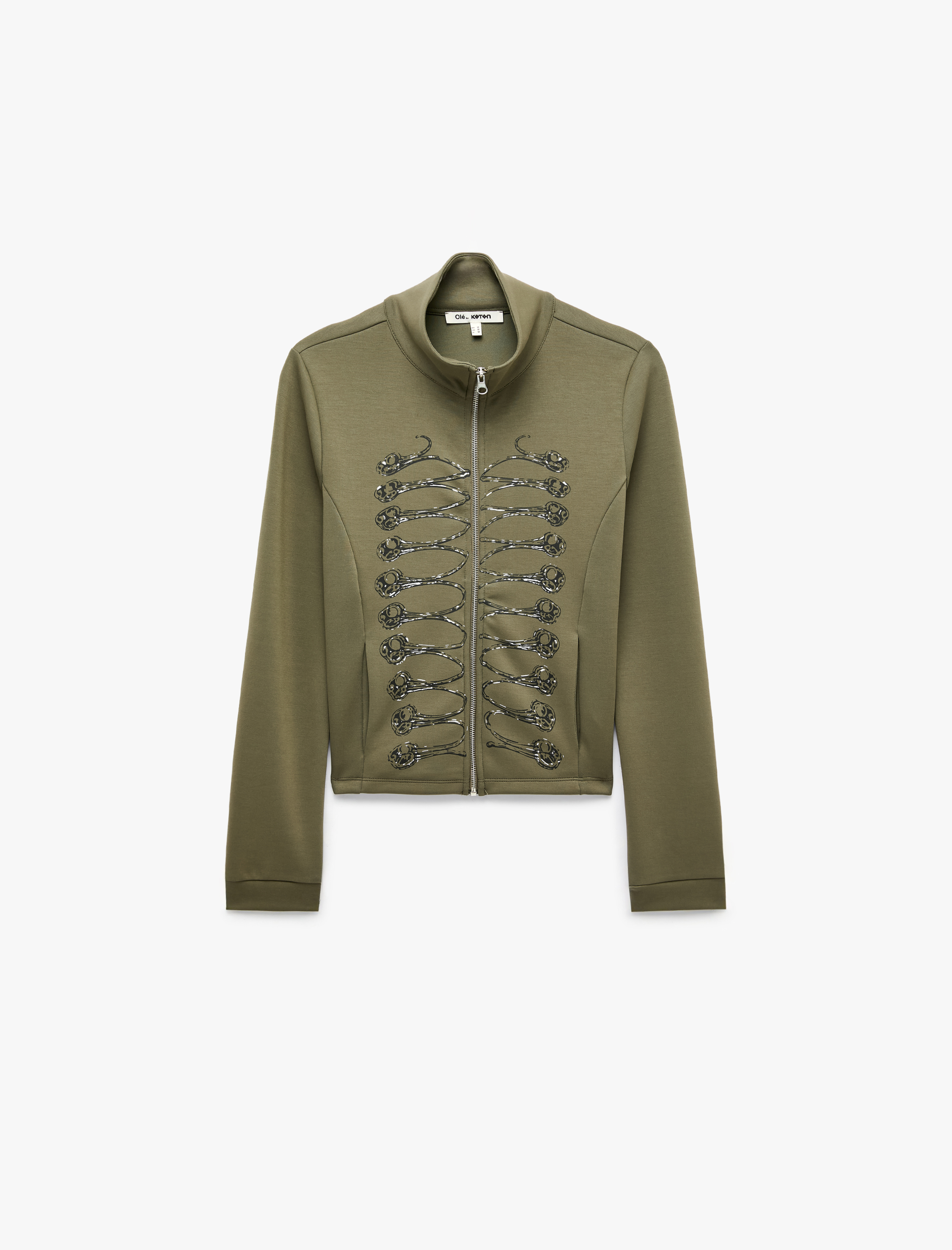   Slim Fit Dik Yaka Fermuarlı Uzun Kollu Modal Karışımlı Düğme Baskılı Sweatshirt