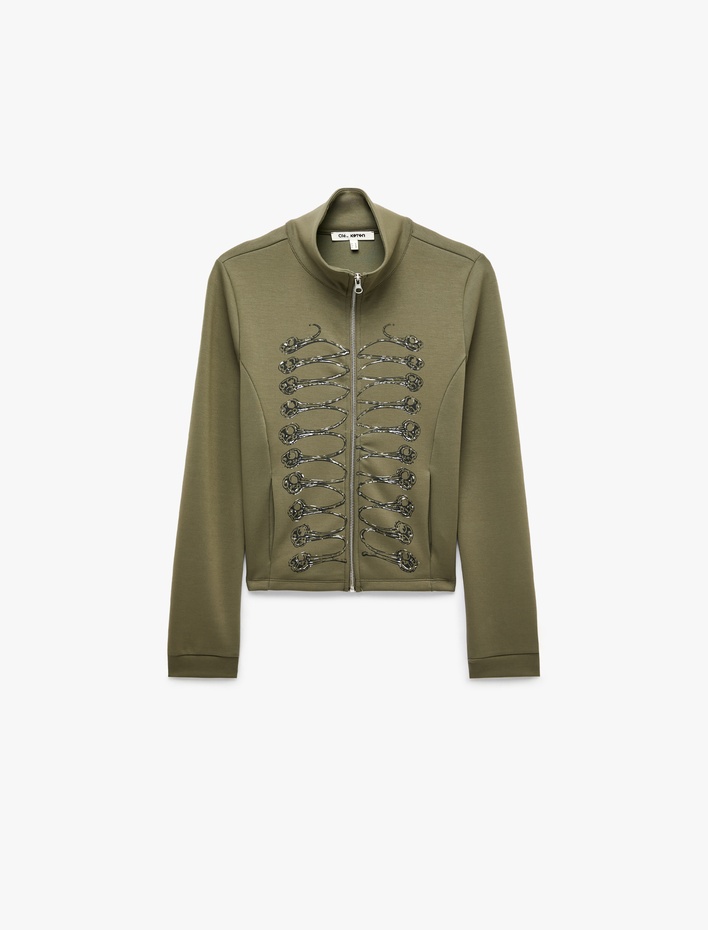  Slim Fit Dik Yaka Fermuarlı Uzun Kollu Modal Karışımlı Düğme Baskılı Sweatshirt