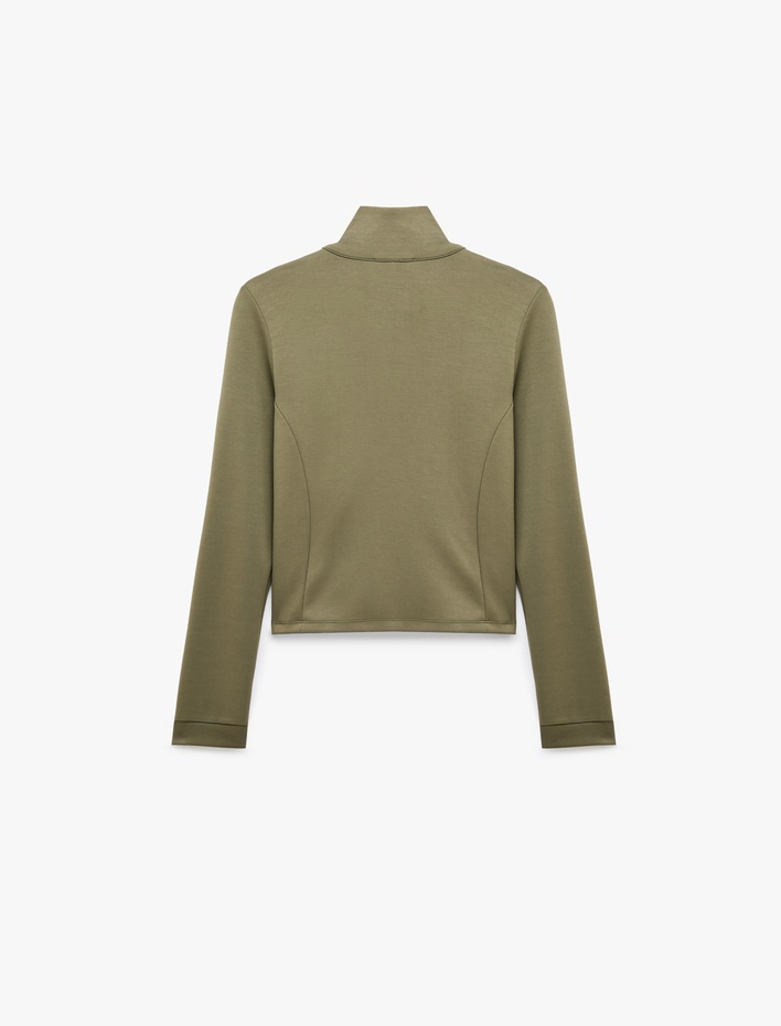  Slim Fit Dik Yaka Fermuarlı Uzun Kollu Modal Karışımlı Düğme Baskılı Sweatshirt