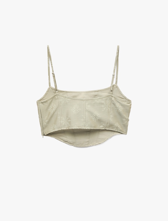  Slim Fit Jakarlı İşlemeli İp Askılı U Yaka Crop Korse Bluz