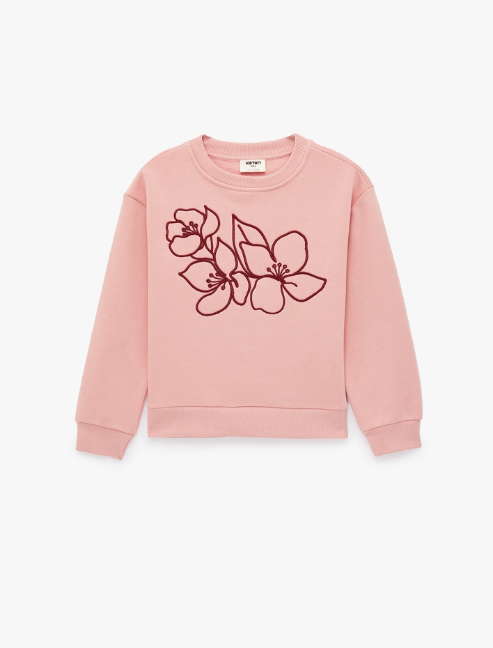 Kız Çocuk Nakışlı Üç İplik Şardonlu Bisiklet Yaka Uzun Kollu Sweatshirt