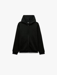Cepli Şardonlu Oversize Kapşonlu Fermuarlı Spor Sweatshirt