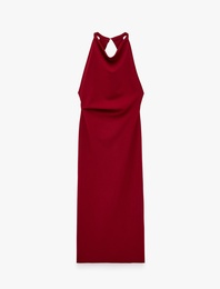 Slim Fit Krep Scuba Halter Yaka Kolsuz Sırtı Açık Bodycon Uzun Elbise