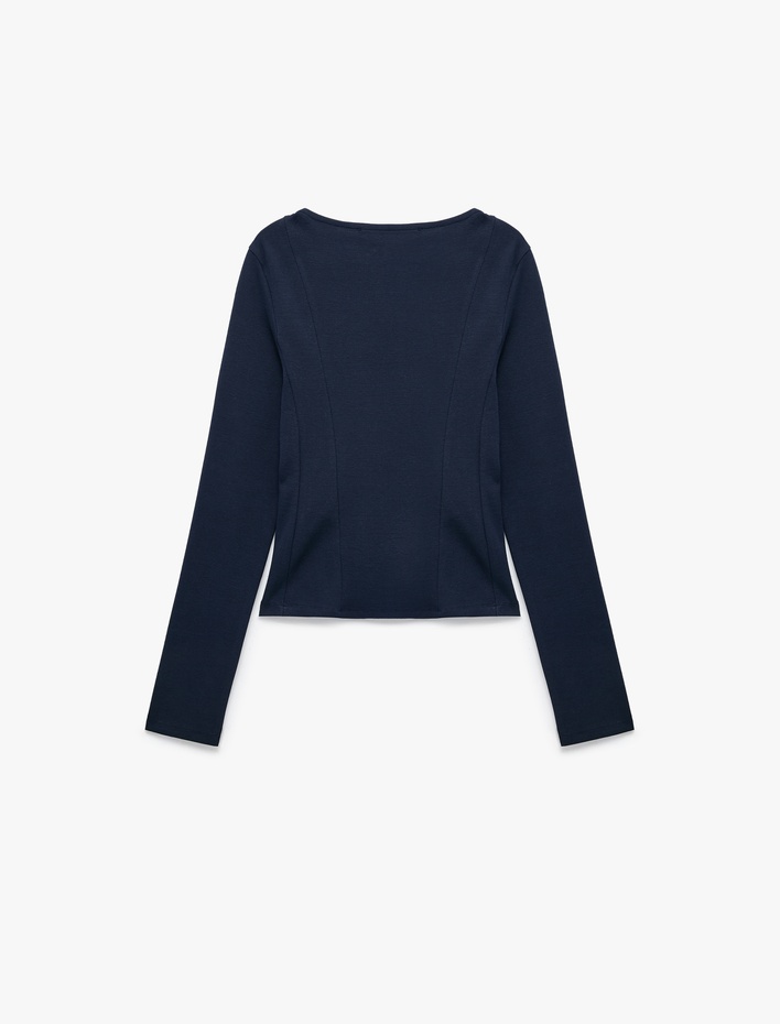  Pamuklu Slim Fit Korse Detaylı Kayık Yaka Uzun Kollu Tişört