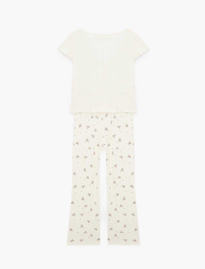  Ayıcık Baskılı Pamuklu Rahat Kalıp V Yaka Kısa Kollu Pijama Takımı