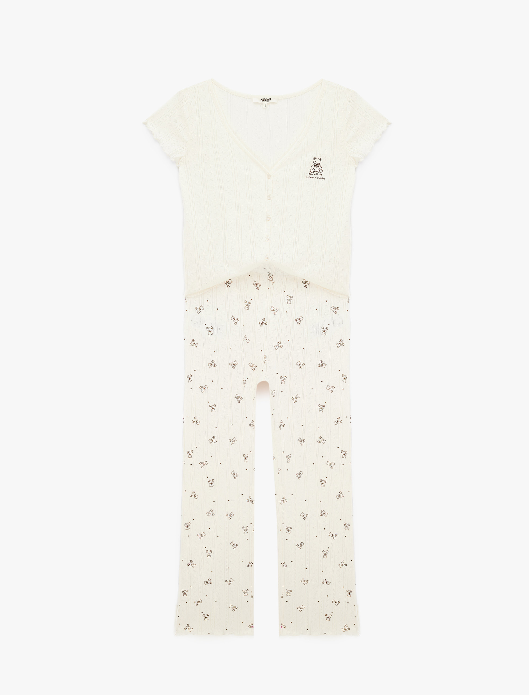   Ayıcık Baskılı Pamuklu Rahat Kalıp V Yaka Kısa Kollu Pijama Takımı