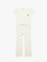 Ayıcık Baskılı Pamuklu Rahat Kalıp V Yaka Kısa Kollu Pijama Takımı