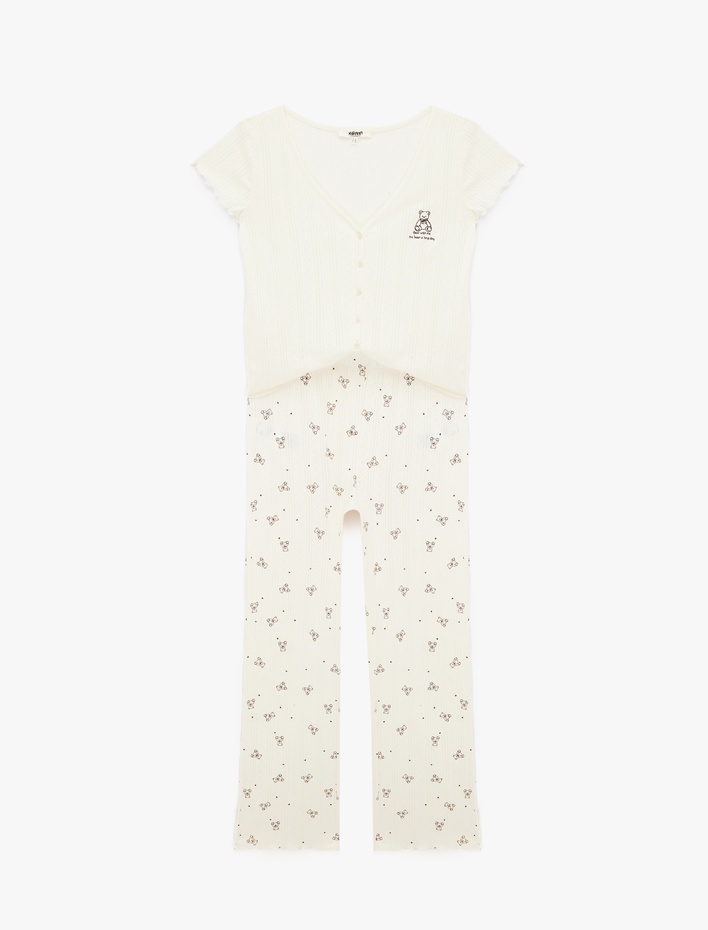  Ayıcık Baskılı Pamuklu Rahat Kalıp V Yaka Kısa Kollu Pijama Takımı