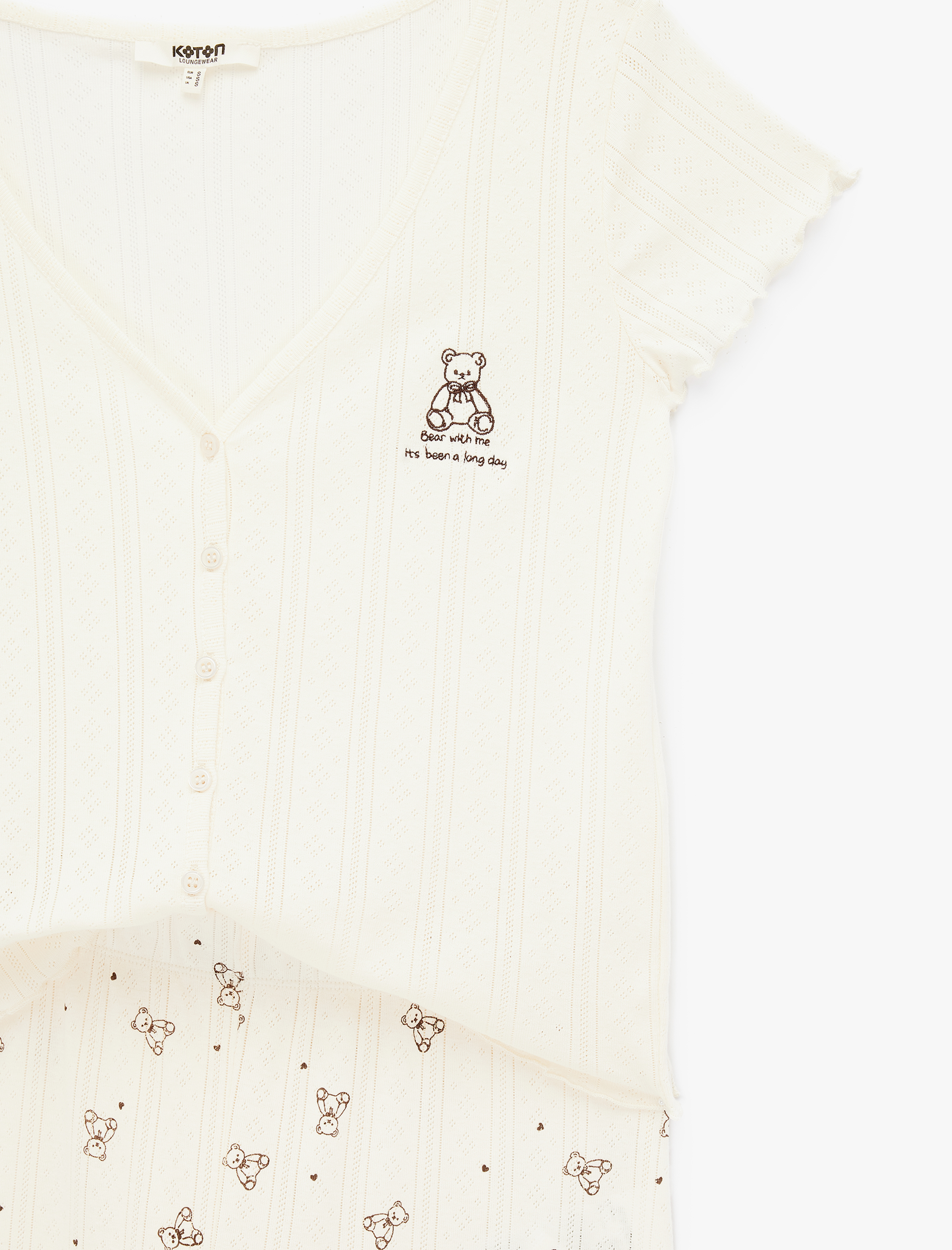   Ayıcık Baskılı Pamuklu Rahat Kalıp V Yaka Kısa Kollu Pijama Takımı