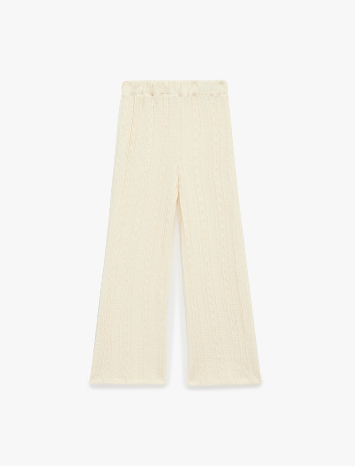 Kız Çocuk Dokulu Beli Lastikli Geniş Paça Pantolon